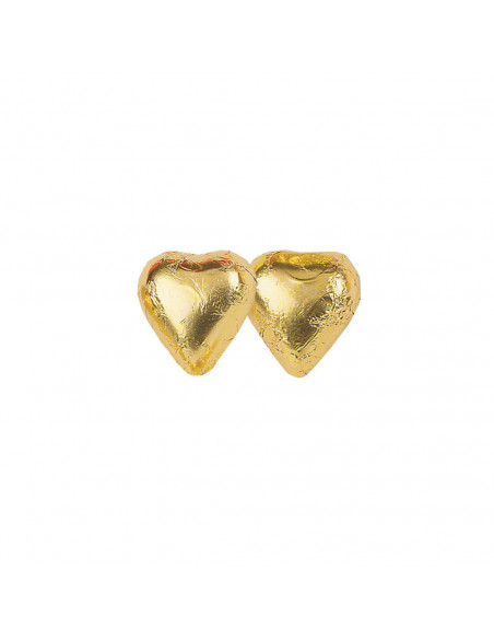 bombones de chocolate en forma de corazón envueltos en papel de aluminio de color dorado. Bolsa de 1 kilo.