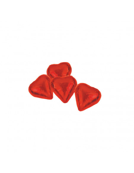 Bombones de chocolate en forma de corazón envueltos en papel de aluminio de color rojo. Bolsa de 1 kilo.