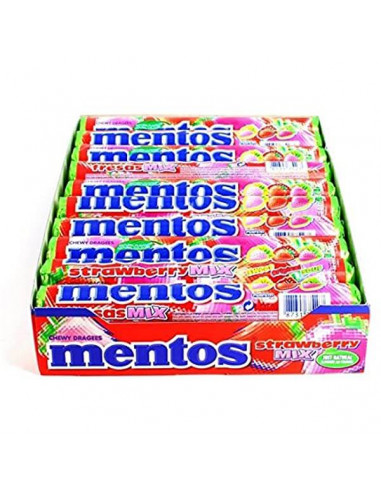 Paquetes de caramelos mentos en gragea con sabor fresa y fresa ácida. Cajas de 20 paquetes