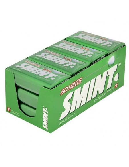 Caramelos SMINT comprimidos sin azúcar sabor hierbabuena. El estuche contiene 12 latas.

Cada lata contiene 50 pastillas