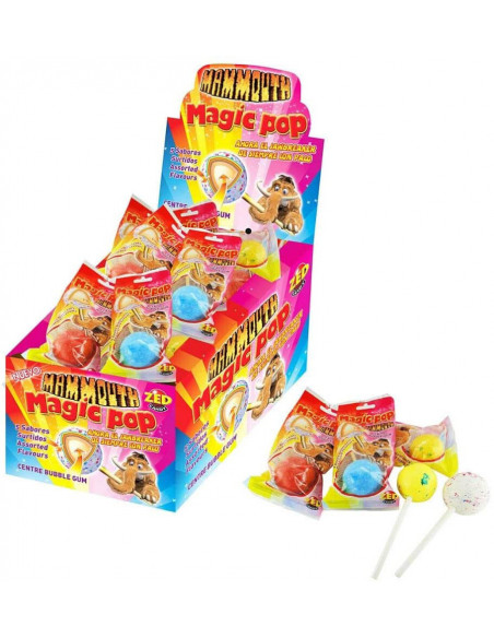 caramelo de palo extra grande con chicle en interior marca mammouth. Cajas con 18 uds de sabores variados