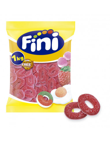 Gominolas de azúcar de FINI con forma de aros sabor fresa.

La bolsa contiene 1 kg de golosinas.