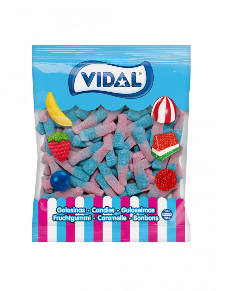 Golosinas VIDAL con forma de botellas azul y rosa sabor cola.
La bolsa contiene 250 unidades.