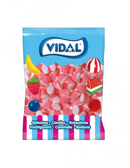 Besos de fresa y nata de VIDAL con azúcar. La bolsa contiene 250 unidades.