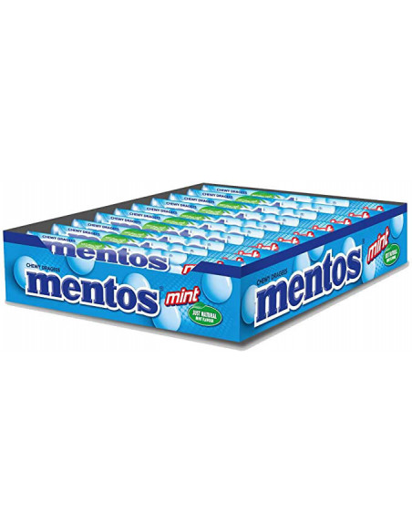 Paquetes de caramelos mentos en gragea sabor menta. Cajas de 20 paquetes