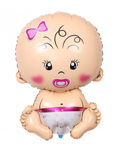 Globo para inflar con aire o helio en forma de bebé niña en pañales, con lazo y chupete rosa. Altura de 80 cm.