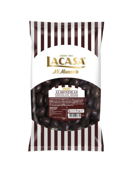 Bolsa de 1 kilo de almendras cubiertas de chocolate negro LACASA.