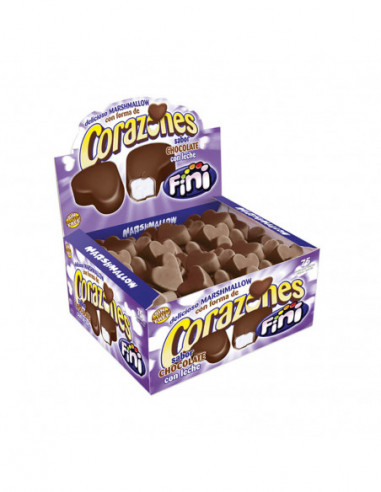 Corazones de nube FINI cubiertos de chocolate. La caja contiene 75 unidades.