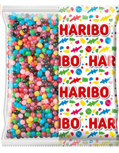 Golosinas grageadas en forma de mini bolitas de colores variados y sabores frutales. La bolsa contiene 2 kg.