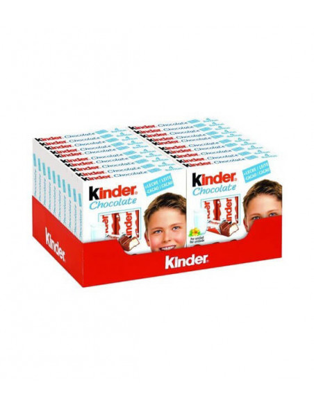 Barritas de chocolate KINDER rellenas de leche. El estuche contiene 20 cajas con 4 barritas cada una.