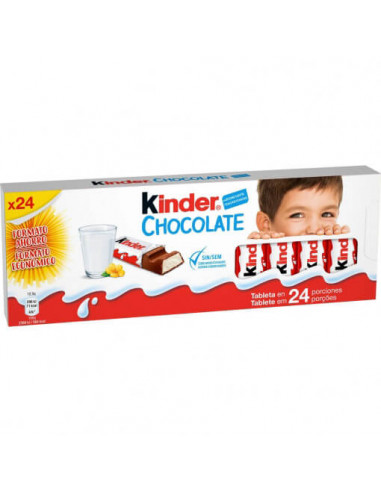 24 barritas de chocolate kínder con leche y 40% de cacao.