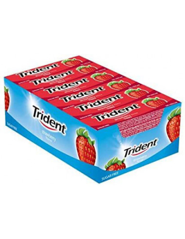 Chicles TRIDENT de lámina sabor fresa. El estuche contiene 24 paquetes. Sin azúcar.
