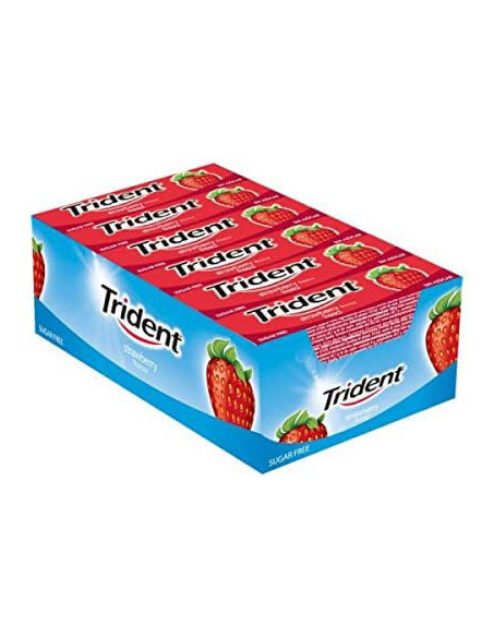Chicles TRIDENT de lámina sabor fresa. El estuche contiene 24 paquetes. Sin azúcar.