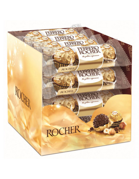 Caja con 16 paquetes de bombones Ferrero Rocher. Cada paquete contiene 3 bombones.