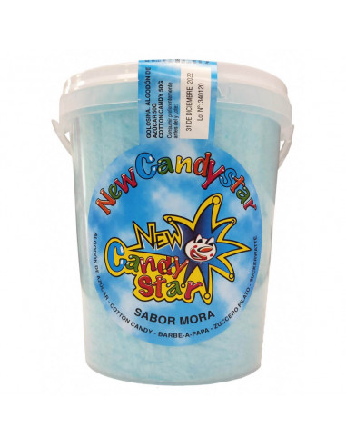 Cubos de algodón de azúcar azul sabor mora. 

Pesa 100g y mide 15 cm de alto por 15 cm de diámetro.