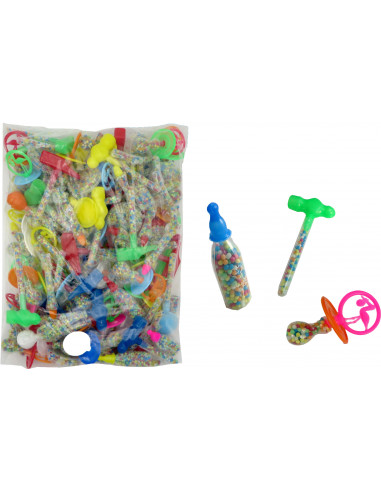 bolsas con 100 juguetes de formas variadas rellenos de bolitas de anís de colores.