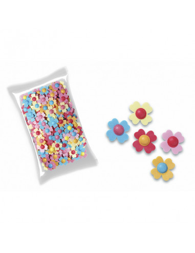 Obleas con forma de flor de colores surtidos rellenas de pica pica.

La bolsa contiene 250 unidades.