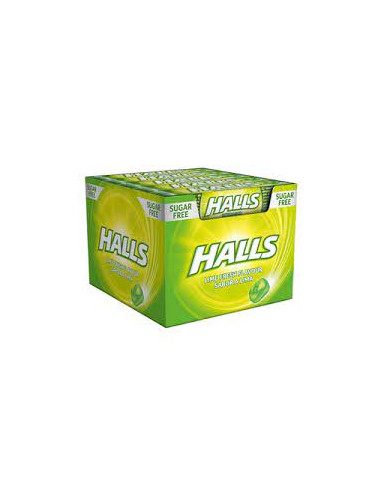 Caramelos Halls sin azúcar sabor lima. Caja de 20 paquetes de 32 gr cada uno.