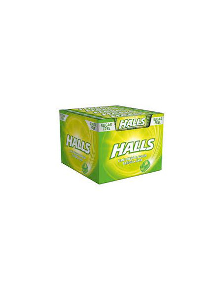 Caramelos Halls sin azúcar sabor lima. Caja de 20 paquetes de 32 gr cada uno.