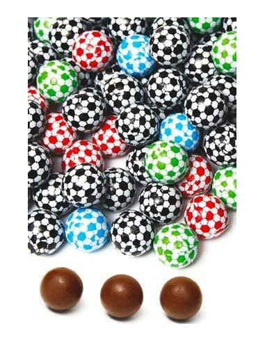1 kilo de bolas de chocolate con leche con envoltorio que imita a una pelota de fútbol. Colores surtidos.