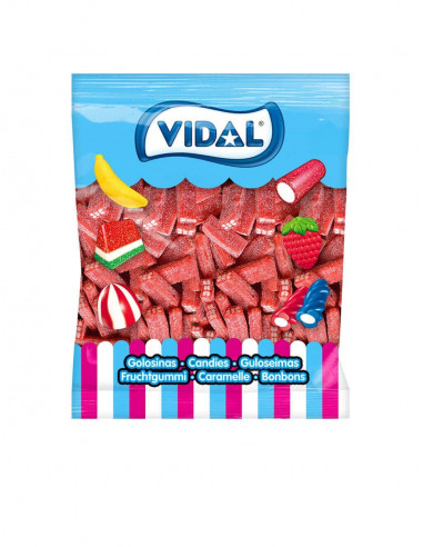 Ladrillos de fresa VIDAL rellenos de gominola sabor nata , con pica. La bolsa contiene 250 unidades.