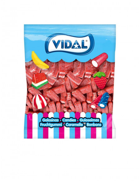 Ladrillos de fresa VIDAL rellenos de gominola sabor nata , con pica. La bolsa contiene 250 unidades.