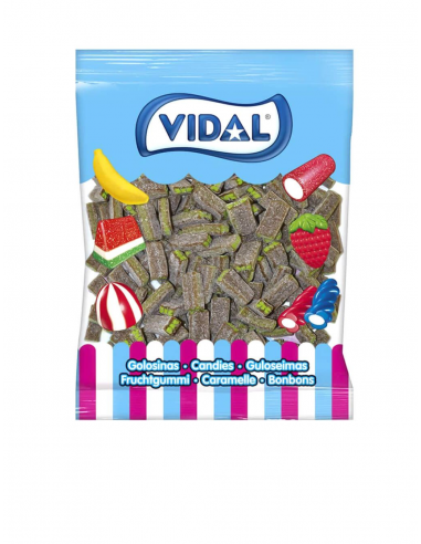 Ladrillos VIDAL rellenos sabor cola con pica. La bolsa contiene 250 unidades.