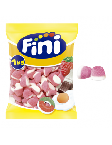 Gominolas de azúcar de FINI con forma de besitos de fresa y nata con azúcar encima.

La bolsa contiene 1 kg de producto.