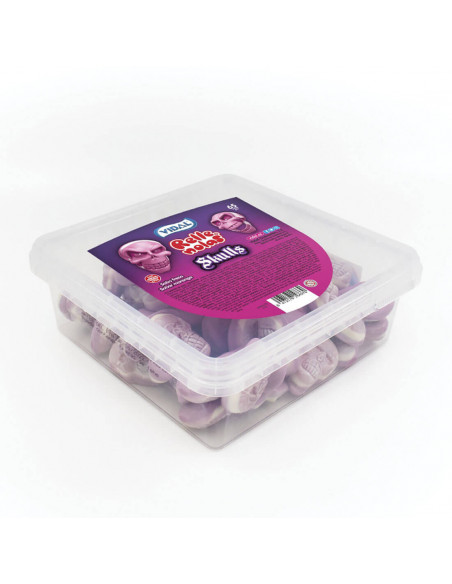 Táper con 65 gominolas en forma de calavera, rellenas de gelatina y de color violeta y banco. Marca Vidal.