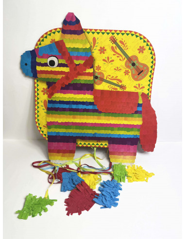Piñata de cartón estilo mexicana en forma de burrito de colores. 43 cm de diámetro