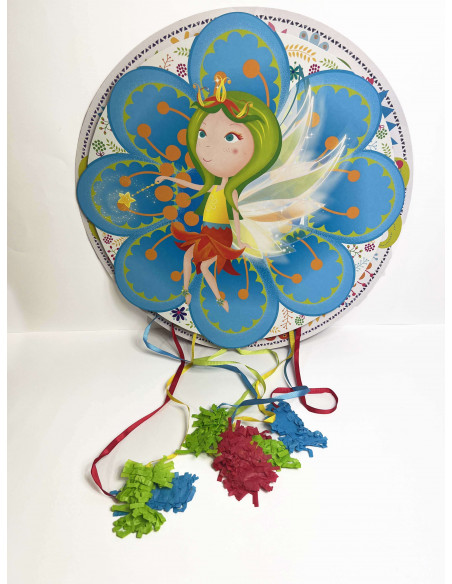 Piñata de 43 cm de diámetro con dibujo de un hada y flores.