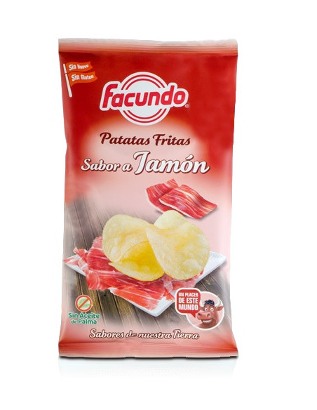 Cajas de 12 bolsas de 55 gramos de patatas fritas sabor jamón de FACUNDO.