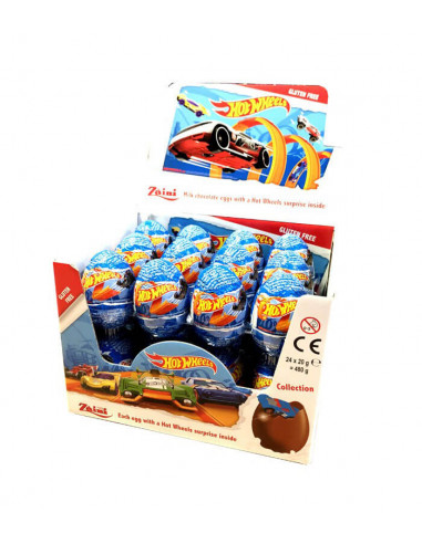 24 Huevos de chocolate con leche con sorpresa de HOT WHEELS en su interior.