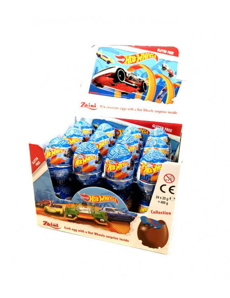 24 Huevos de chocolate con leche con sorpresa de HOT WHEELS en su interior.