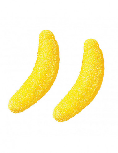 Bolsa de chuches en forma de plátano o banana con azúcar espolvoreado y 250 unidades. Dulces y de color amarillo.