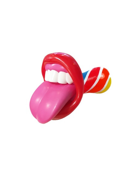 Chupete de caramelo adherido a un soporte de plástico en forma de boca.