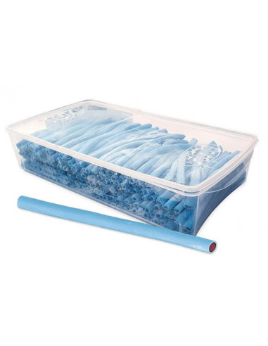 Tronquitos de regaliz sabor frambuesa y color azul con azúcar glass 

El táper contiene 200 unidades