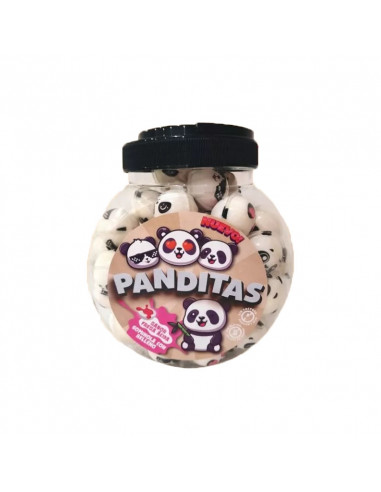 Chuches envueltas individualmente, con cara de osos panda, rellenos de líquido sabor fresa.