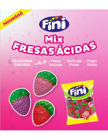 chuches ácidas en forma de fresas con 3 sabores diferentes