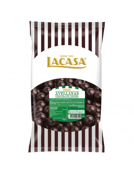 Bolsas de 1 kg de avellanas cubiertas de chocolate negro LACASA.