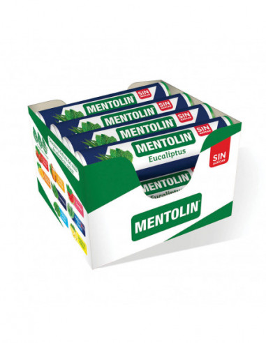 Cajas con 12 tubos de caramelos Mentolín sabor eucalipto sin azúcar. Cada tubo pesa 20 gramos.