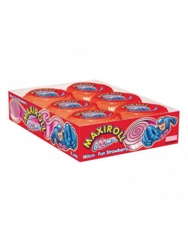 caja con 6 paquetes de chicles enrollados sabor fresa con azúcar marca Boomer