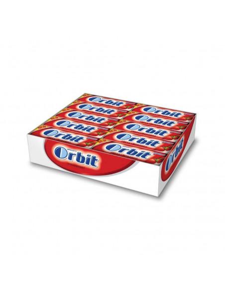 paquetes de 30 tabletas de chicles sin azúcar formato gragea marca orbit sabor fresa