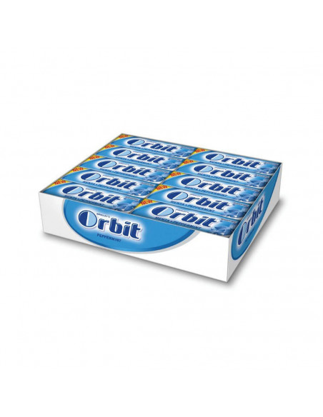 paquetes de 30 tabletas de chicles sin azúcar formato gragea marca orbit sabor menta